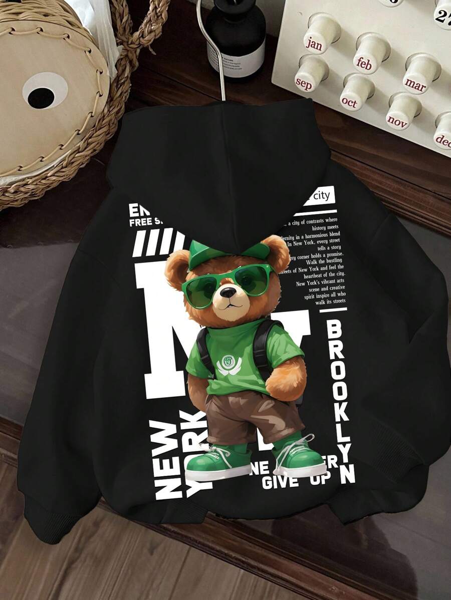 男童休闲简约纽约卡通熊图案舒适加厚针织长袖卫衣，秋冬季 - 黑色 - 查看 1