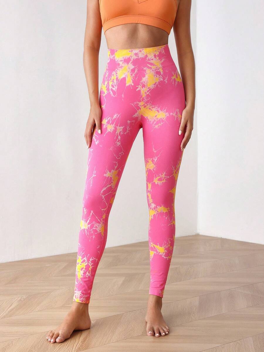 Menodora SHEIN Sport Menodora SHEIN Sport 扎染印花高腰无缝紧身裤舞蹈服瑜伽女裤 - 玫紅色 - 查看 1