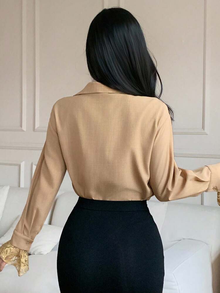 Casual Lace Patchwork Women Blouse Long Sleeve