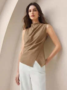 SHEIN BIZwear 卡其棕色立领露肩褶皱女式上衣，现代优雅都市通勤日常浪漫90年代复古风，适合圣诞节、新年、情人节、派对、海滩、毕业典礼、时尚、节日、假日、婚礼宾客、早午餐、机场等多种场合。 - 棕色 - 查看 8