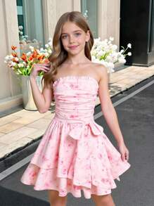 SHEIN 少女法式优雅花卉荷叶边蝴蝶结多层蛋糕裙腰带优雅连衣裙，法式童话风格，公主裙，适合生日派对、毕业舞会、情人节、派对 - 粉色 - 查看 3