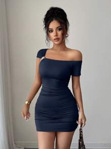 INAWLY 女士优雅性感不对称肩部金属扣褶饰迷你连衣裙，适合度假、约会和通勤 - 藏蓝色 - 查看 6