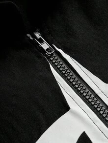 Manfinity EMRG 男士月亮印花长袖前拉链休闲夹克、短款拉链夹克、图案拉链夹克、街头风格夹克、黑色短款夹克男士、黑色图案夹克、短款夹克、哥特拉链、秋季 - 黑色 - 查看 4