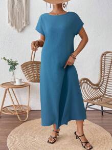 SHEIN 孕妇休闲纯色针织宽松连衣裙，夏季 - 藍色 - 查看 6