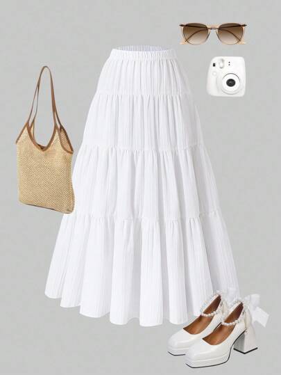 Elegant Choice For Baby: Girls' White Woven Crinkle Fabric Skirt, Unique Texture, Delicate Details, Pleated Fluidity, Showcasing Sweet Elegant, Essential For Outings. Fall Winter