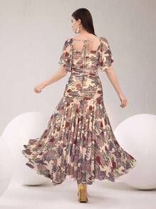 Modelyn Women's Floral Print Square Neck Ruffle Short Sleeve Dress - Apricot - View 2