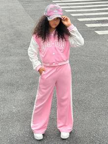 SHEIN Explorewe 2pcs/Set Tween Girls Pink Autumn Casual School Back-To-School Loose 3D Embroidery Patchwork Contrast Color Jacket With Sports Pants,Daily Commuting - Pink - View 4