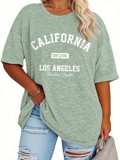 EMERY ROSE Plus Size Casual Women Los Angeles Letter Print Loose Fit Mid-Length Short Sleeve Round Neck T-Shirt