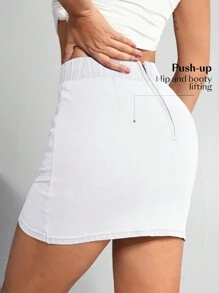 Flexra Women's Casual Solid Color Wrap Fitted Denim Mini Skirt, Summer/White Tight Skirt/Y2K Denim Skirt/White Denim Skirt - White - View 2