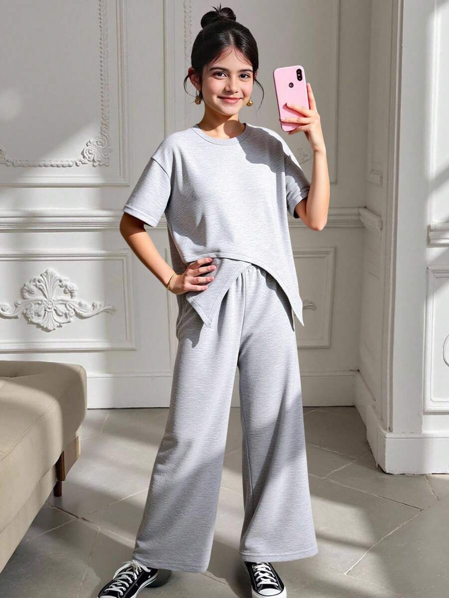 Ensemble T-shirt à manches courtes col rond et pantalon long taille élastique, style asymétrique, pour préadolescentes, en couleur unie