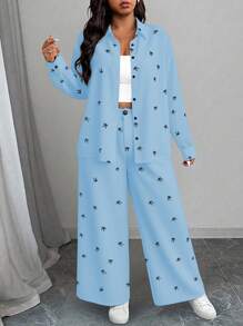 Calvaya Plus Size Fashionable Butterfly Print Shirt And Pants 2 Pieces Set Fall Cloth For Women - Blue - View 3
