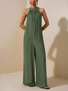 Zivah Mono de playa de primavera y verano, de cuello halter o redondo, sin mangas, ultra holgado y de pierna ancha, para ocio, vacaciones y uso diario - Verde militar - Ver 5