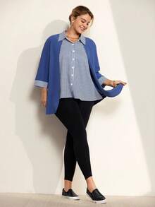 Momelise 大码条纹拼布长袖开衫，纽扣长袖二合一衬衫上衣，秋冬