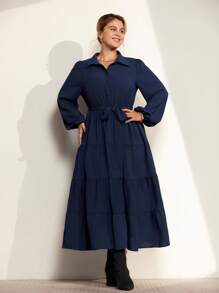 Momelise Váy xòe cổ bẻ cao cấp thanh lịch mới cho mùa xuân và mùa thu, cỡ lớn dành cho nữ - Màu xanh hải quân - Xem 5