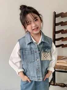 Dazy Kids Young Girls Lace Patchwork Casual Loose Denim Vest