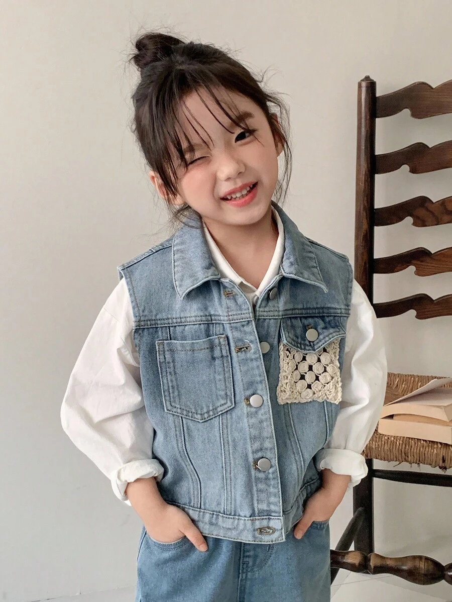 Dazy Kids Young Girls Lace Patchwork Casual Loose Denim Vest