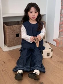 DAZY 两件套女童圆领无袖韩版牛仔衬衫和宽松牛仔裤套装 - 藍色 - 查看 3