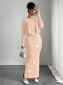 Elenzga Women's Solid Color Elegant Lady Style Jacket & Dress Set With Floral Decor, Suitable For Spring/Summer Fall Cloth For Women