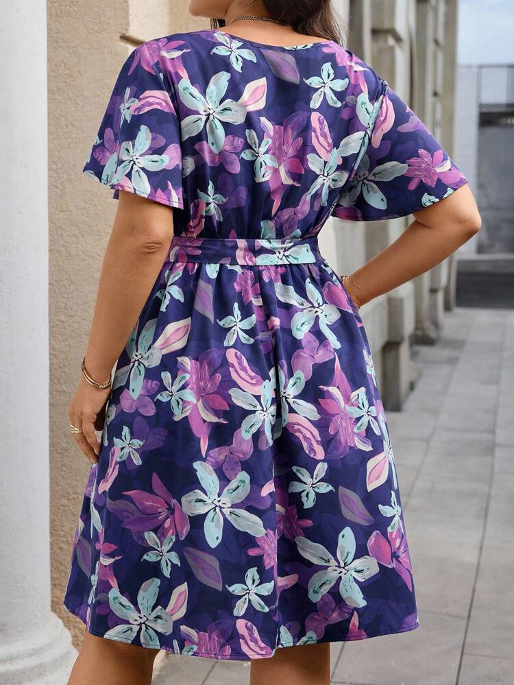 Women's V-Neck Floral Print Short Sleeve Ruffle Waist Tie Maxi Dress, Plus Size