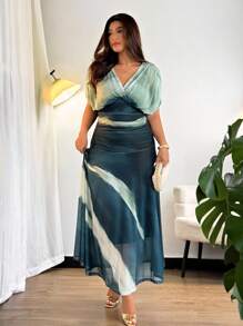 Firerie 大码优雅度假扎染褶饰 V 领松紧腰飘逸连衣裙，舒适休闲，春夏 - 彩色 - 查看 4