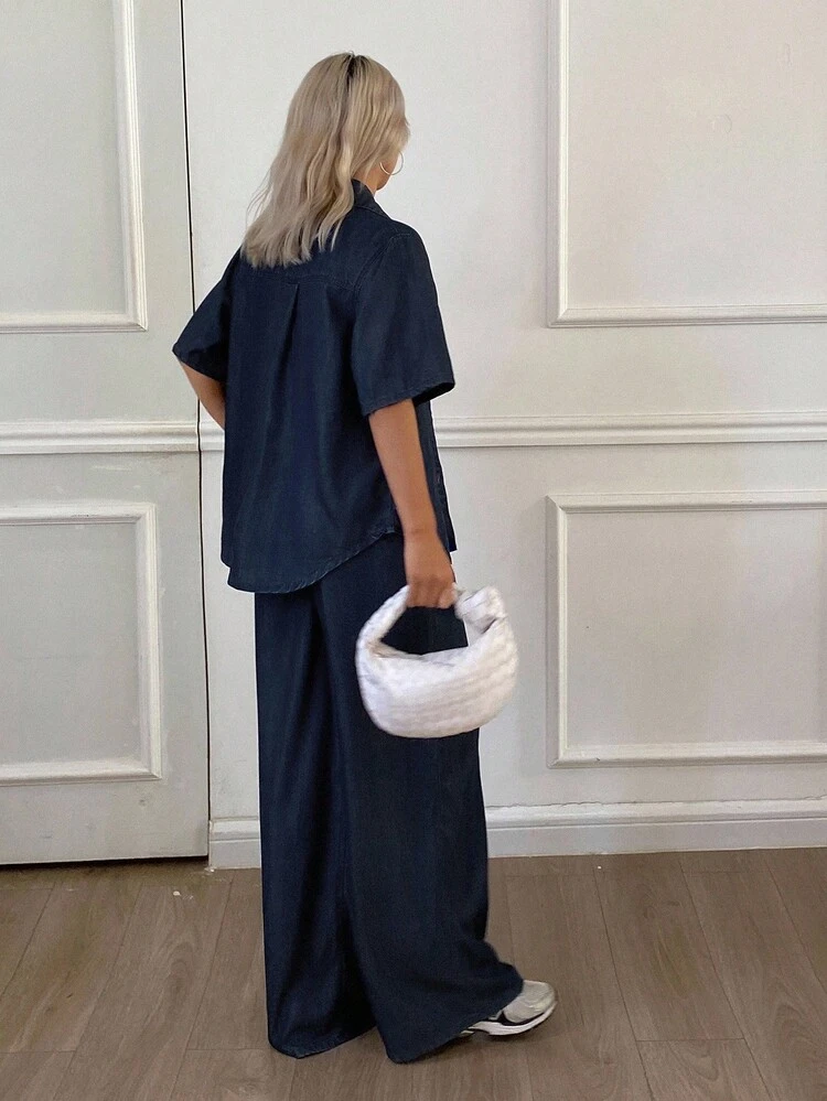Women's Casual Loose Denim Shirt And Wide Leg Jeans Set
