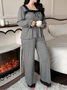 Dazy Plus 2pcs Plus Size Women Polka Dot Splice Flare Sleeve Top And Loose Pants Pajama Set, Loungewear, Fall Winter Clothes - Grey - View 6
