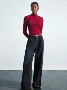 Maija Áo cánh tay dài ôm vừa vặn, cổ cao màu đỏ tía, họa tiết hình giọt nước, thiết kế hiện đại, giản dị, đa năng - Màu Đỏ Sâu - Xem 4