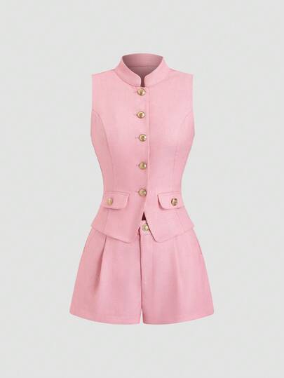 Sweetra Women's Solid Color Elegant Camisole & Shorts 2 Pieces Set, Autumn