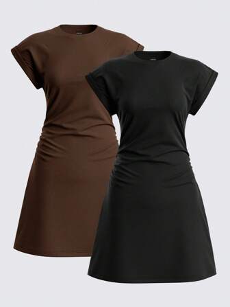 SHEIN BASICS Set de 2 vestidos mini de punto de unicolor, cuello redondo y manga corta, de estilo casual para mujeres