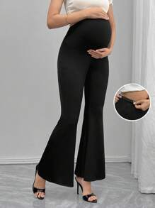 Momance Quần ống loe màu trơn cạp cao có thể điều chỉnh dành cho bà bầu - màu đen - Xem 1