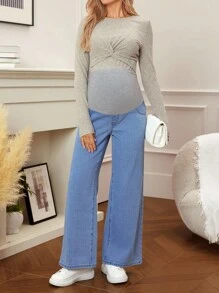 SHEIN 可调节腰部宽腿宽松孕妇牛仔裤 - 淺色水洗藍 - 查看 3