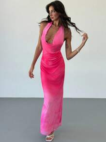 Aloruh Romantic Deep Draped Neck Backless Halter Dress With Chain Decor, Sexy And Tight-Fitting, Suitable For Dates, Vacation And Summer - Pink - View 5