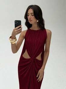Aloruh 女式纯色褶皱圆领镂空无袖连衣裙 - 酒紅色 - 查看 6