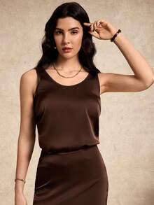 House of One Round Neck Casual Loose Fit Satin Tank Top Women Summer Autumn Wear Fall Outfits Business Professional Women Business Casual Woman - Brown - View 7