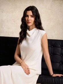 House of One Draped Neck Cap Sleeves Satin Top Women Summer Autumn Elegant Ivory Top Cream Tops For Women White Elegant Top