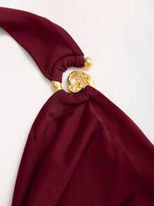 Sweetra 女士夏季欧美时尚性感纯色挂脖金属装饰修身休闲连体裤 - 酒紅色 - 查看 3