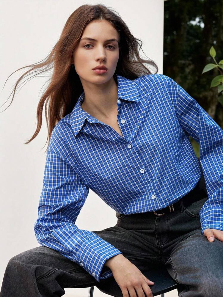 SHEIN Maija 女性用カジュアル通勤チェック柄長袖シャツ、オフィス用、秋