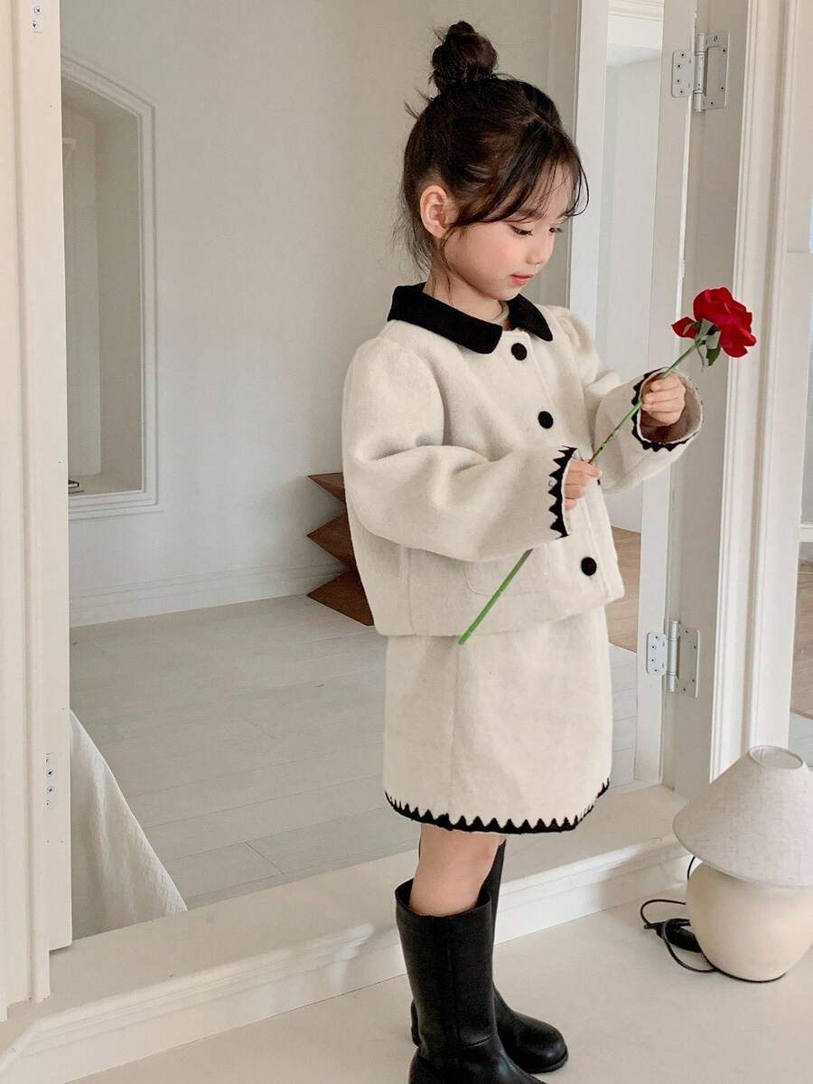 DAZY 2件套年轻女孩长袖翻领夹克和迷你裙套装 - 杏色 - 查看 1