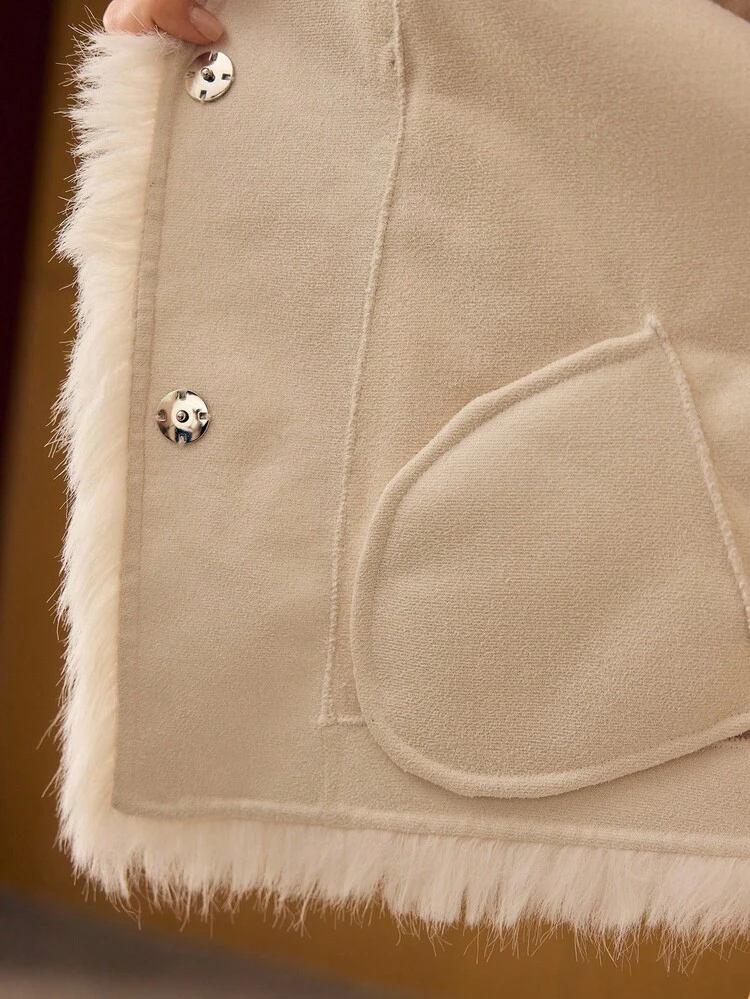 V NECK BUTTON UP FAUX FUR COAT