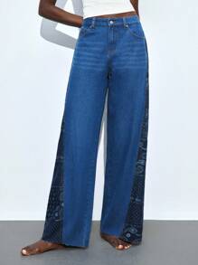 Maija Jeans de pierna ancha con estampado de patchwork de moda casual para mujer