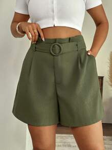 SHEIN LUNE Plus Size Women's Casual Linen-Like Elastic Waist Mid-Rise Shorts With Belt Loops And Pockets, Olive Green, Suitable For Work, Office, Vacation - Army Green - View 1