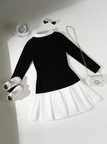 Sparklyn 青少年女孩修身衬衫裙，带百褶裙，长袖休闲连衣裙 - 黑色 - 查看 2