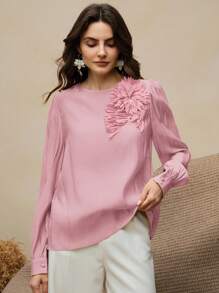 Anewsta Elegant Fashion Design Loose Long Sleeve Shirt, 3D Applique Women's Pink Blouse - Pink - View 3