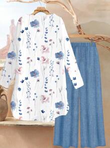 Rusticease 2pcs/Set Women Watercolor Floral Print Loose Fit Round Neck Long Sleeve Top And Pants Suit, Autumn Clothes,Fall Clothes For Women