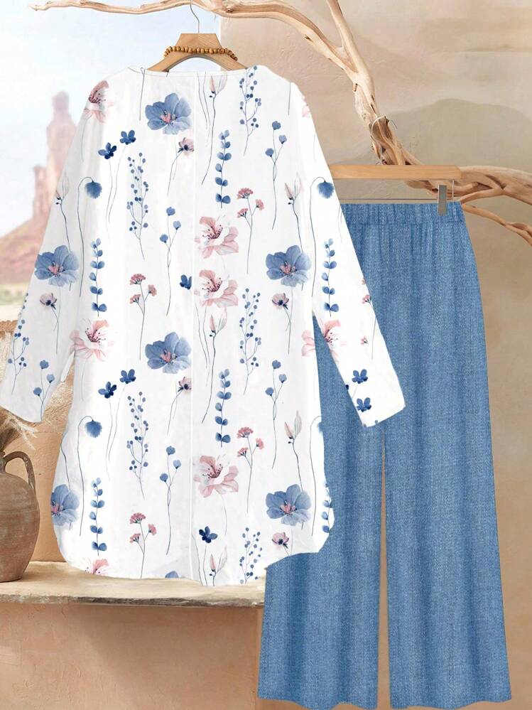Rusticease 2pcs/Set Women Watercolor Floral Print Loose Fit Round Neck Long Sleeve Top And Pants Suit, Autumn Clothes,Fall Clothes For Women,Casual - Multicolor - View 2