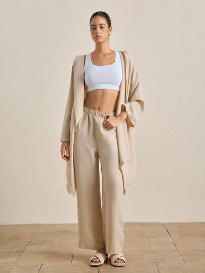 Airaco 2pcs/Set Women Vacation Casual Solid Color Hooded Top And Pants Set Fall Cloth For Women