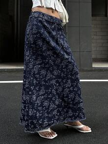 DAZY 女士碎花系带长款直筒牛仔裙 - 霧霾藍 - 查看 7