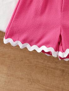 2pcs Young Girl Textured Fabric Contrast Hem Sleeveless Top & Casual Shorts Set Girls Pink Two Piece Set Girls Summer Outfits Pink Short Sets Girls