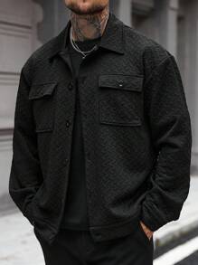 Manfinity CasualCool Men's Jackets, Men's Buttoned Front Long Sleeve Pocket Simple Jacket, Casual Everyday Wear, Men's Jackets, Men's Jackets For Fall Winter Edition, Boyfriend Gifts, Warm Long Sleeve Casual Jackets For Going Out Black Jacket For Men Men Casual Jacket Men Shacket Textured Jacket Men