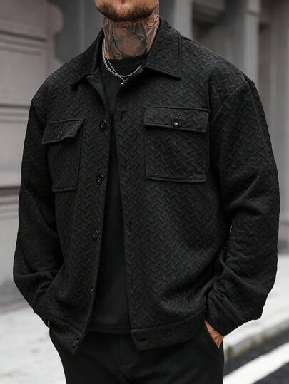 Manfinity CasualCool Men's Jackets, Men's Buttoned Front Long Sleeve Pocket Simple Jacket, Casual Everyday Wear, Men's Jackets, Men's Jackets For Fall Winter Edition, Boyfriend Gifts, Warm Long Sleeve Casual Jackets For Going Out Black Jacket For Men Men Casual Jacket Men Shacket Textured Jacket Men